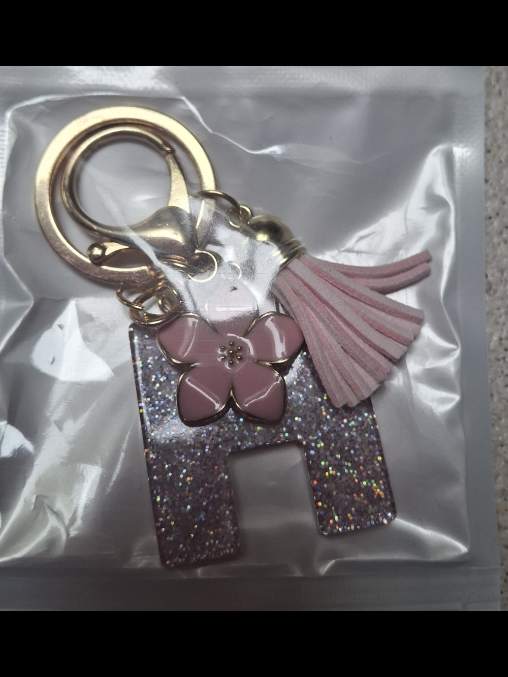Pink Glitter 'H' Initial Keychain with Flower Charm and Tassel